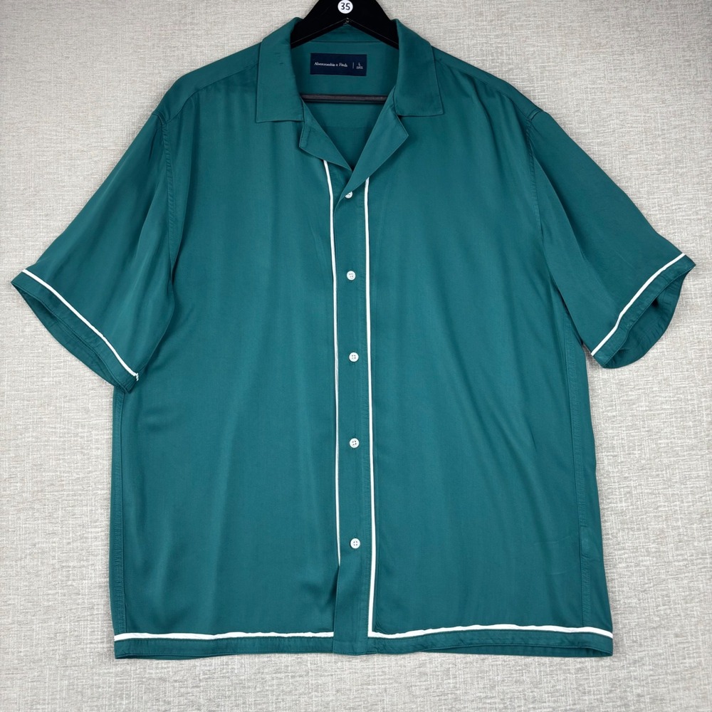 Abercrombie & Fitch Mens Large Teal Green Camp Collar Button Up Shirt Piping